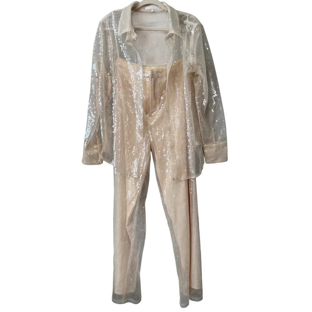 More To Come Revolve Ivory Sequin 2 Piece Sheer Button Down Shirt Pants Set M/L - Picture 7 of 11